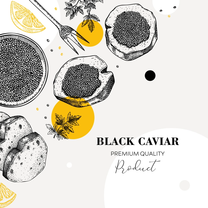 Black caviar canape with lemons and spices banner design. Canned seafood sketches. Vector illustration in collage style.